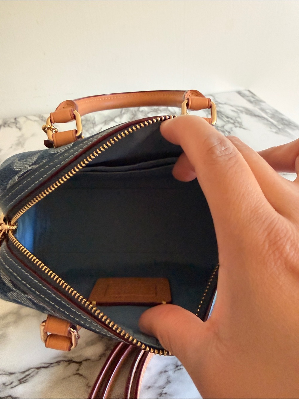 Coach Blue Denim Signature Mini Satchel with Tan Leather Trim - Picture 6 of 7